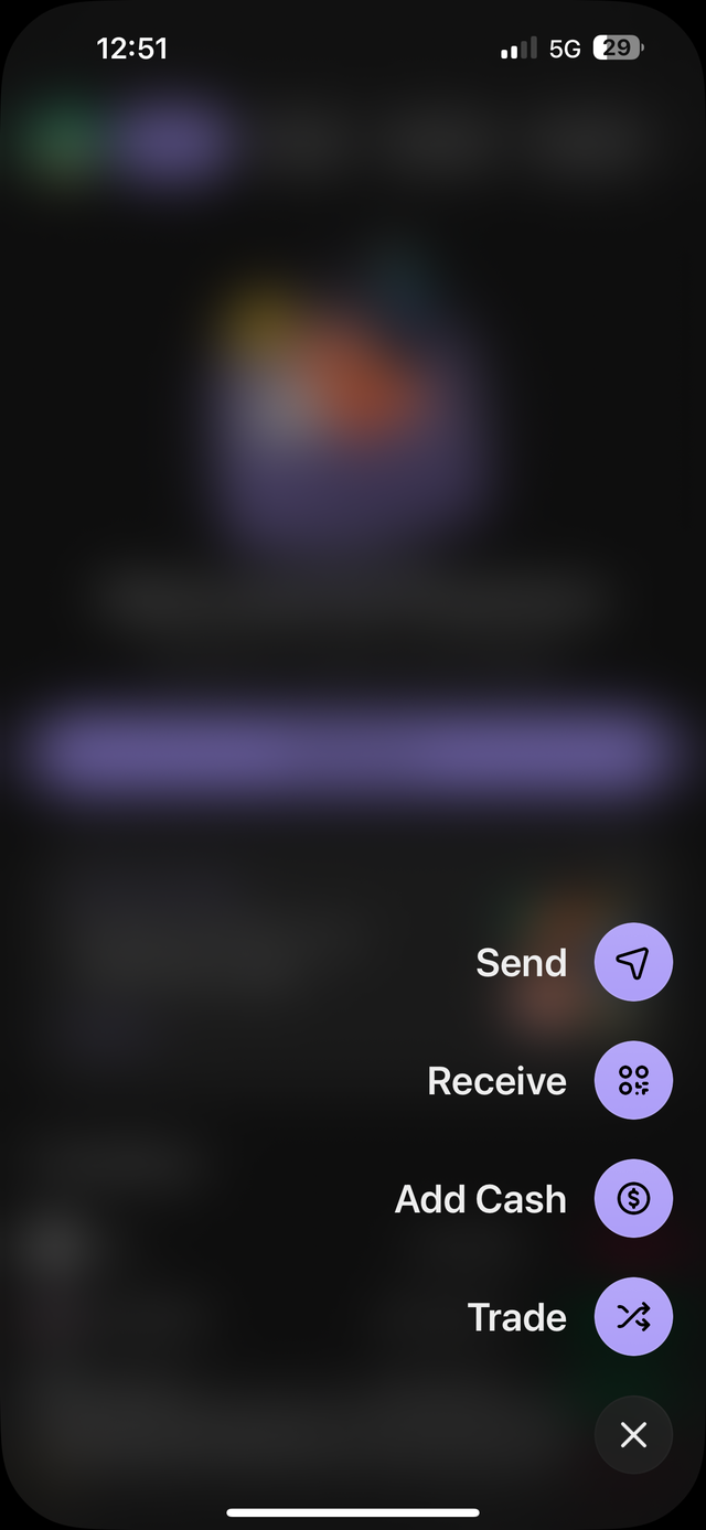 Phantom's quick action menu open, showing Send, Receive, Add Cash and Trade
