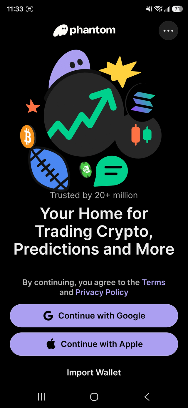 Phantom's welcome screen with Continue with Google and Continue with Apple buttons