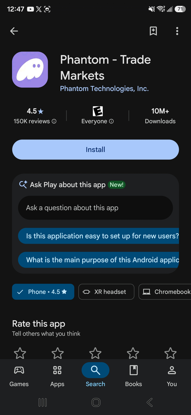 The Phantom app listing on Google Play, 10 million plus downloads